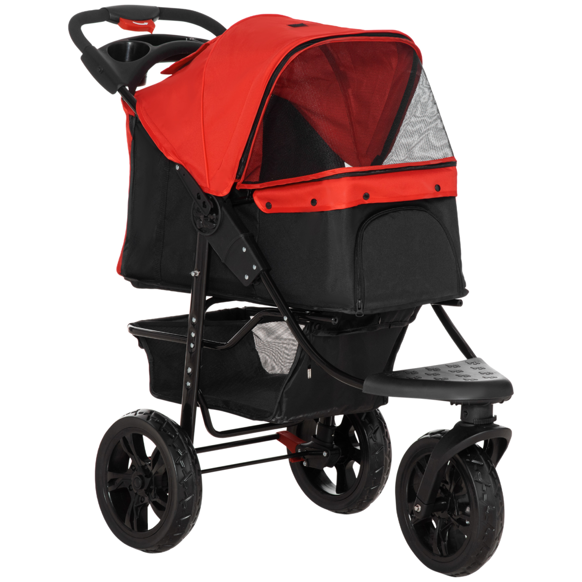Folding 3 Wheel Pet Stroller Travel Adjustable Canopy Storage Brake Red Pawhut