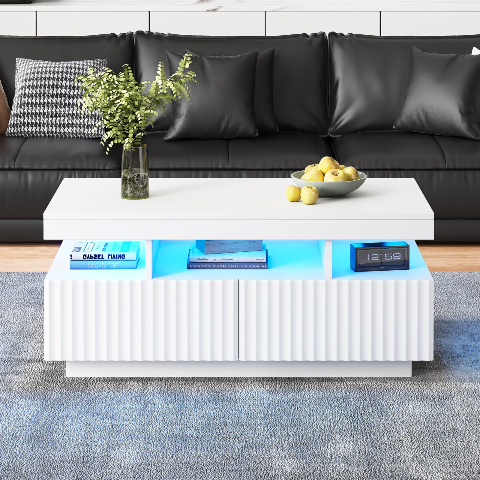 Coffee Table With LED Lights, 2drawers, Ribbed Decorative Centre Table, Sofa Side Table, Rectangle Coffee End Table For Living Room, Office, 100x50x45cm, White, Particleboard – White