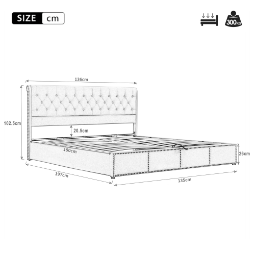 Upholstered Bed,Double Bed-4ft6 135x190cm,with Hydraulic Lever, Functional Storage Bed, Rivet Decoration, Without Mattress, Linen, Light Grey – view 11