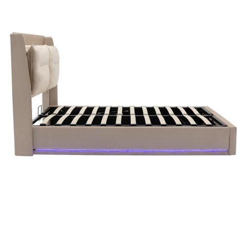 Upholstered Bed, 150x200 5ft King Size Bed, Hydraulic Bed, 2-in-1 Storage Drawers At The End Of The Bed, Recessed LED Light Strips On Both Sides Of The Bed, Slatted Frame, Velvet,Dark Gray – view 11