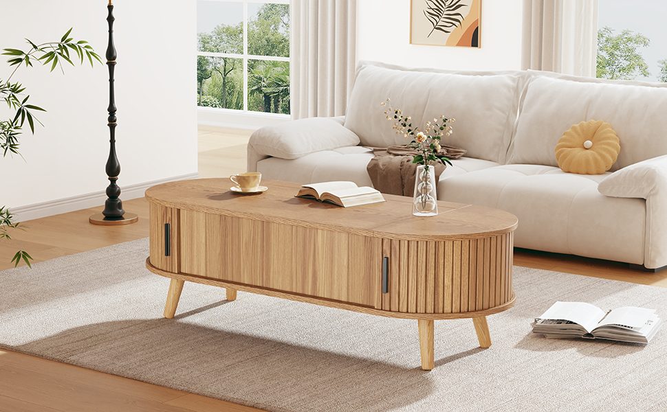Lift Up Oval Coffee Table With Hidden Storage, Centre Table, Lifting Sofa Side Table, Space-saving End Table For Living Room Bedroom, Reception, Tea Table, 120 X 50 X 39.5cm, Natural Wood – view 4