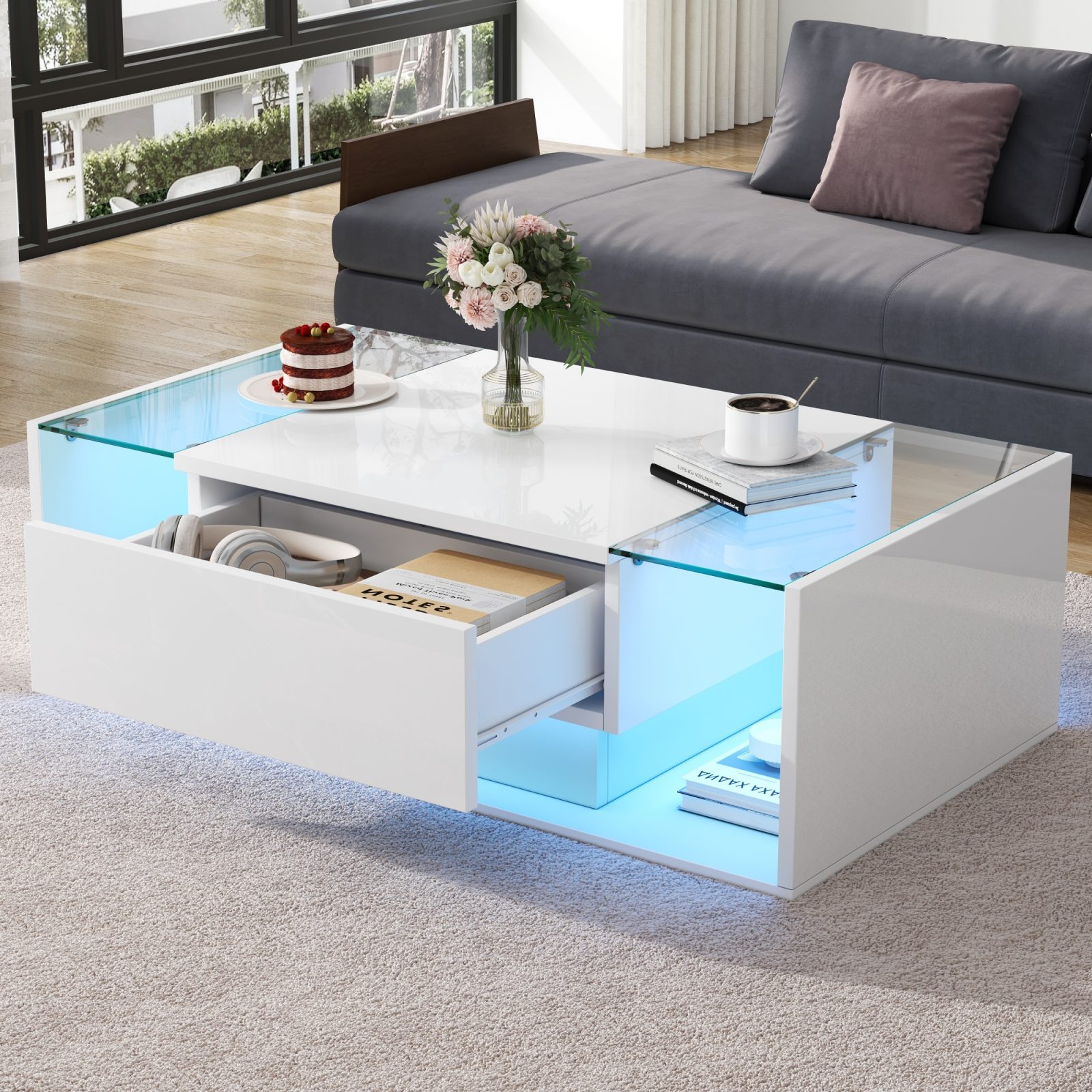 High Gloss Coffee Table With Open Storage, 1 Drawer, LED Lights, Centre Table With Glass Tabletop, Sofa Side Table, Coffee End Table For Living Room, Office, 100x50x31cm, White – view 4