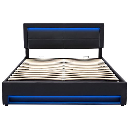 Upholstered Bed 135 X 190 Cm,Double Bed-4ft6,with USB Port Supports Wireless And Wired Charging, With LED Lighting And Storage Space, Without Mattress, PU-Lychee Design, Black – view 5