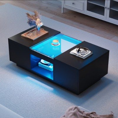 LED Coffee Table For Living Room, Modern Coffee Table With Storage With LED Lights, 2 Tiers And 2 Drawers, Large Living Room Center Tables Black – view 2