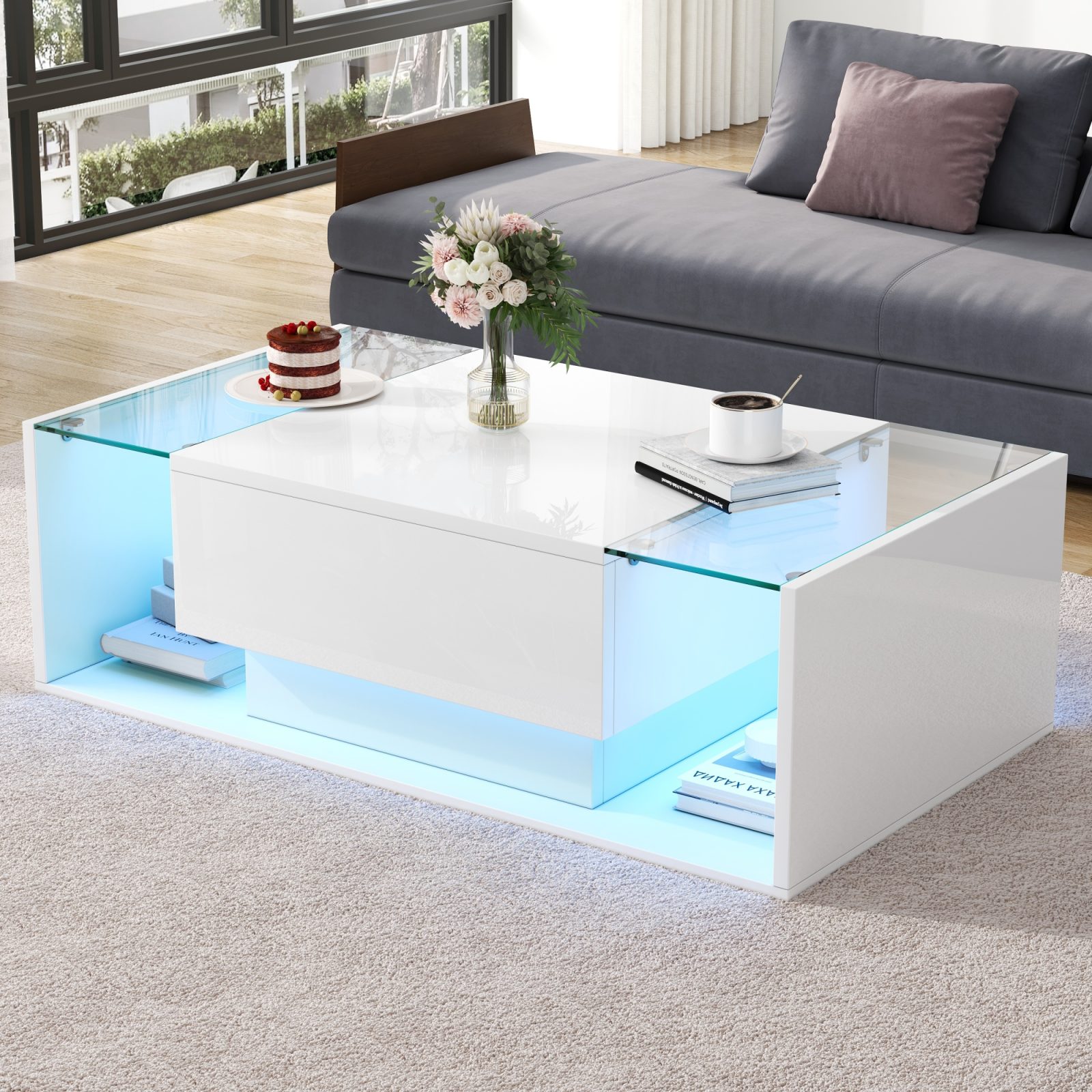 High Gloss Coffee Table With Open Storage, 1 Drawer, LED Lights, Centre Table With Glass Tabletop, Sofa Side Table, Coffee End Table For Living Room, Office, 100x50x31cm, White – view 5