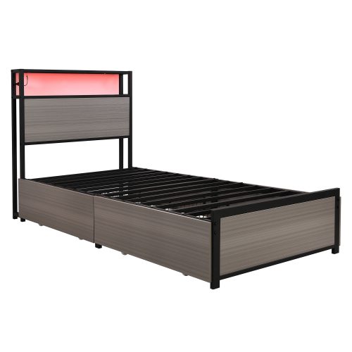 Metal Bed, 3FT Single Bed 90x190cm, With LED Light Strip And 4 Drawerss, 2 USB Port 1 Type C, Durable And Sturdy, Youth Bed, For Adults Teenagers, Multifunctional Bed, Wrought Iron Bed, Grey – view 11