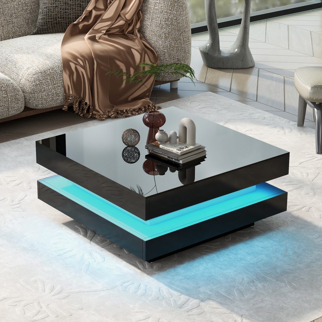 White Square High Gloss Coffee Table With 360 Rotating Top, Tea Table With 16-Color LED Light, 70x70x36 Cm – Black