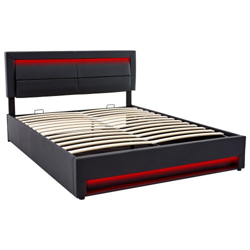 Upholstered Bed 135 X 190 Cm,Double Bed-4ft6,with USB Port Supports Wireless And Wired Charging, With LED Lighting And Storage Space, Without Mattress, PU-Lychee Design, Black – Black