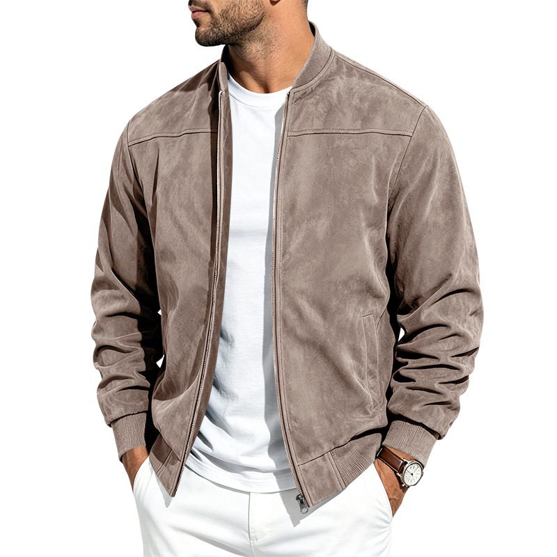 Suede Long Sleeve Zip Up Jacket Men's Casual Outerwear With Full Zip Closure – Brown