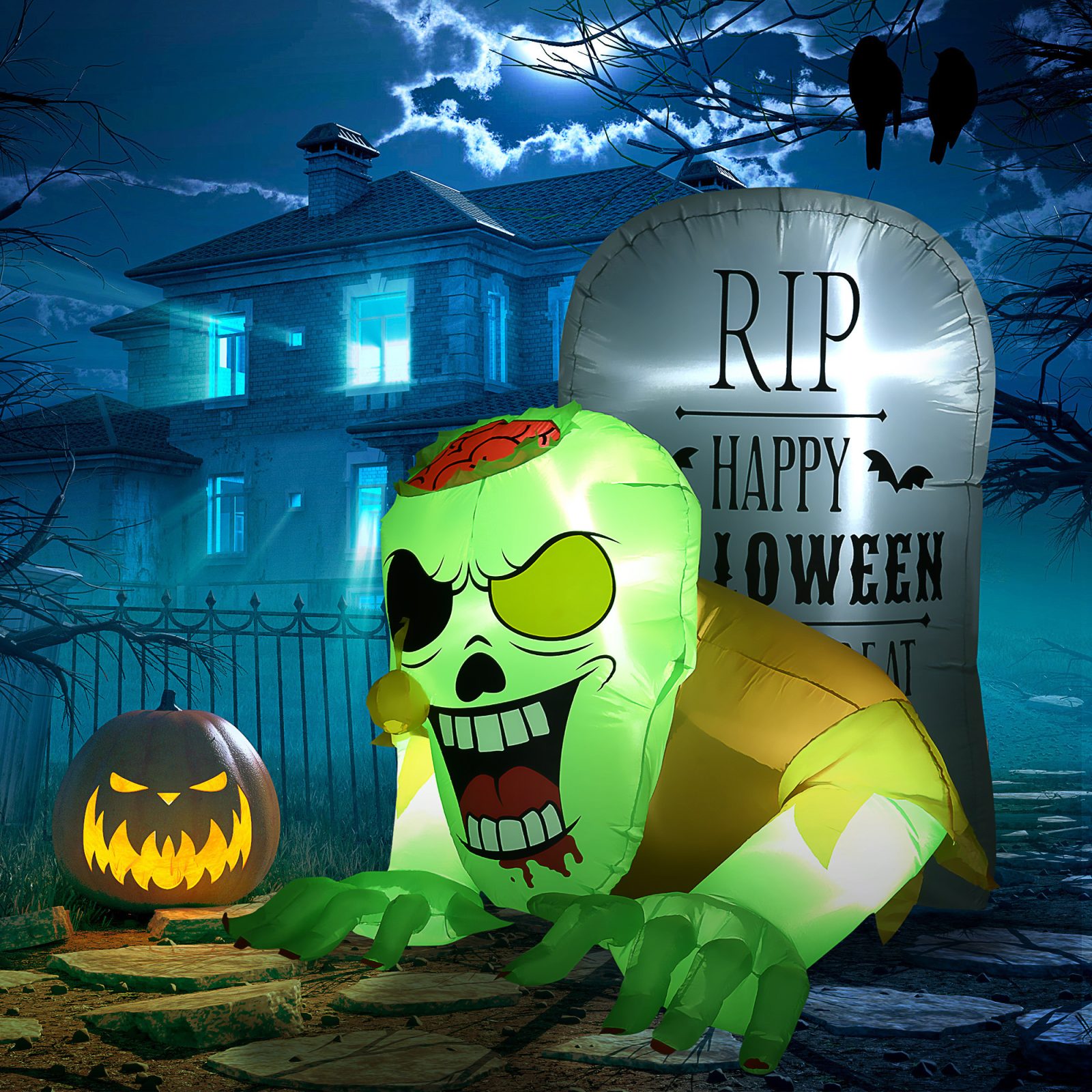 5FT Halloween Inflatables Ghost And Tombstone, Blow Up Outdoor Halloween Decorations With Build-in LED Lights For Garden, Lawn, Party – view 9