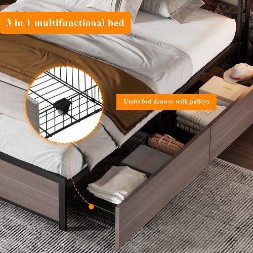 Metal Bed, 3FT Single Bed 90x190cm, With LED Light Strip And 4 Drawerss, 2 USB Port 1 Type C, Durable And Sturdy, Youth Bed, For Adults Teenagers, Multifunctional Bed, Wrought Iron Bed, Grey – view 2