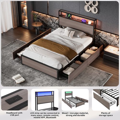 Metal Bed, 3FT Single Bed 90x190cm, With LED Light Strip And 4 Drawerss, 2 USB Port 1 Type C, Durable And Sturdy, Youth Bed, For Adults Teenagers, Multifunctional Bed, Wrought Iron Bed, Grey – view 6
