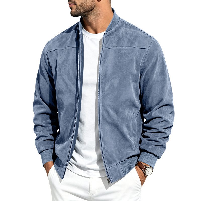 Suede Long Sleeve Zip Up Jacket Men's Casual Outerwear With Full Zip Closure – Light Blue