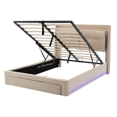Upholstered Bed, 150x200 5ft King Size Bed, Hydraulic Bed, 2-in-1 Storage Drawers At The End Of The Bed, Recessed LED Light Strips On Both Sides Of The Bed, Slatted Frame, Velvet,Dark Gray – view 5
