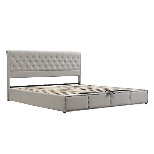 Upholstered Bed,Double Bed-4ft6 135x190cm,with Hydraulic Lever, Functional Storage Bed, Rivet Decoration, Without Mattress, Linen, Light Grey – view 7