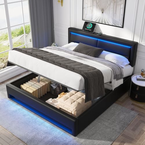 Upholstered Bed 135 X 190 Cm,Double Bed-4ft6,with USB Port Supports Wireless And Wired Charging, With LED Lighting And Storage Space, Without Mattress, PU-Lychee Design, Black – view 6