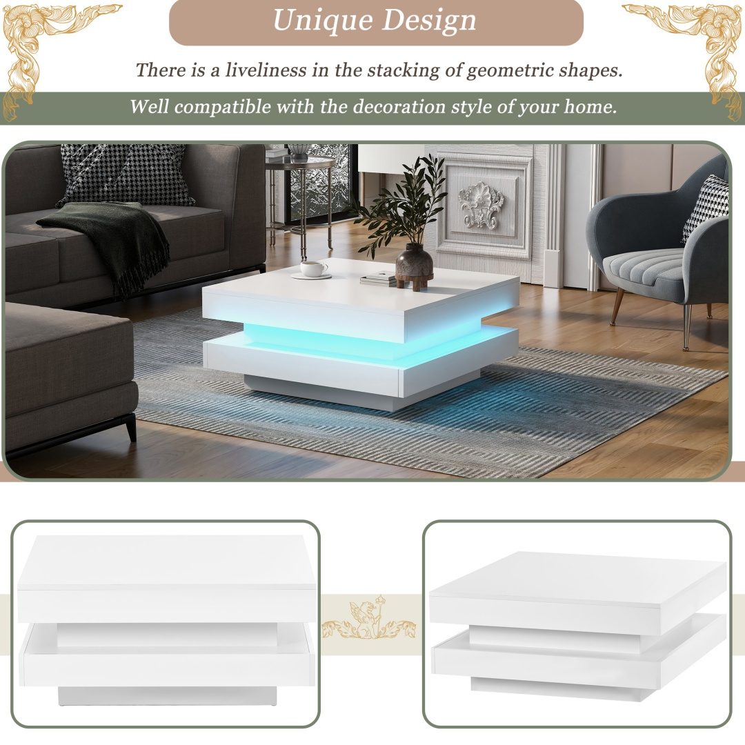 White Square High Gloss Coffee Table With 360 Rotating Top, Tea Table With 16-Color LED Light, 70x70x36 Cm – view 13