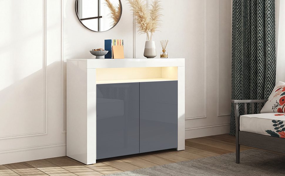 High Gloss Sideboard Cabinet 2 Doors Cupboard Storage Sideboard With LED Lights Matt Body Display Cabinet Shelves Unit For Living Room Dining Room,12 Colors LED Light-White Sideboard Gray Door – view 2