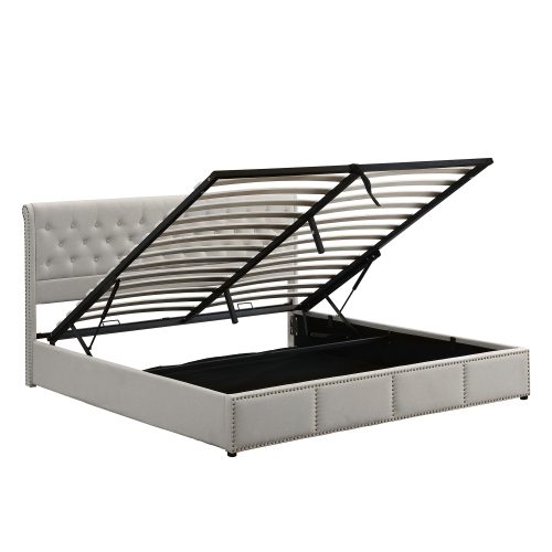 Upholstered Bed,Double Bed-4ft6 135x190cm,with Hydraulic Lever, Functional Storage Bed, Rivet Decoration, Without Mattress, Linen, Light Grey – LIGHT GREY