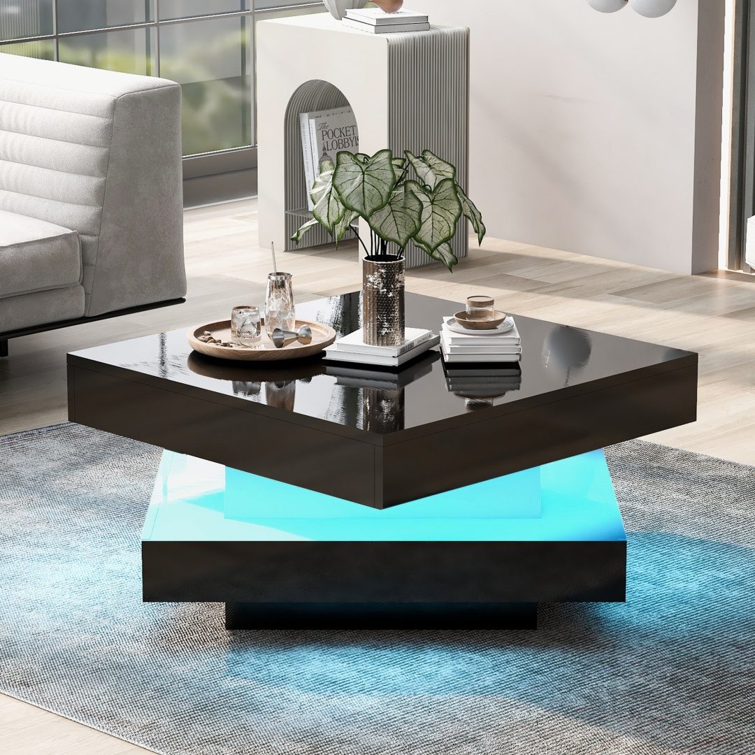 White Square High Gloss Coffee Table With 360 Rotating Top, Tea Table With 16-Color LED Light, 70x70x36 Cm – view 3