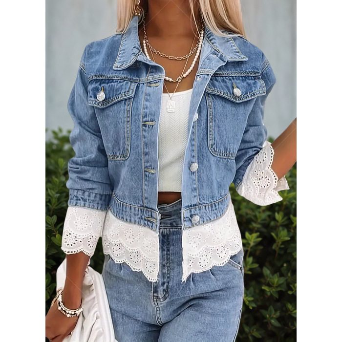 Lace Stitching FDenim Jacket Women – Blue