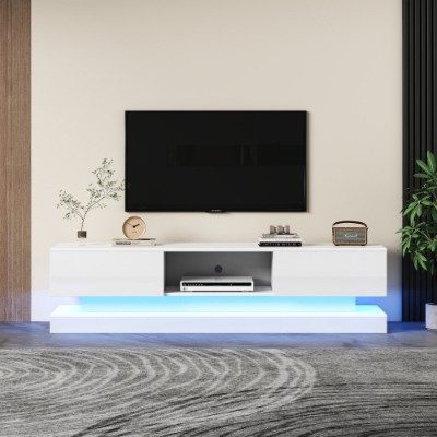160 Cm TV Stand With16 Colour RGB LED Lights, High Gloss Front TV Cabinet With 2 Drawers And 1 Open Storage Space, TV Unit For 70-79 Inch TV For Living Room, White – White