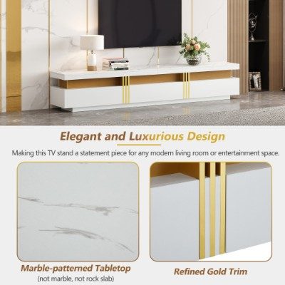 Luxury TV Stand With Faux Marble Top, TV Cabinet Golden Panel Design, And 3 Drawers For Televisions Up To 89'', Rectangle Media Console, Practical Entertainment Center For Living Room, White – view 5
