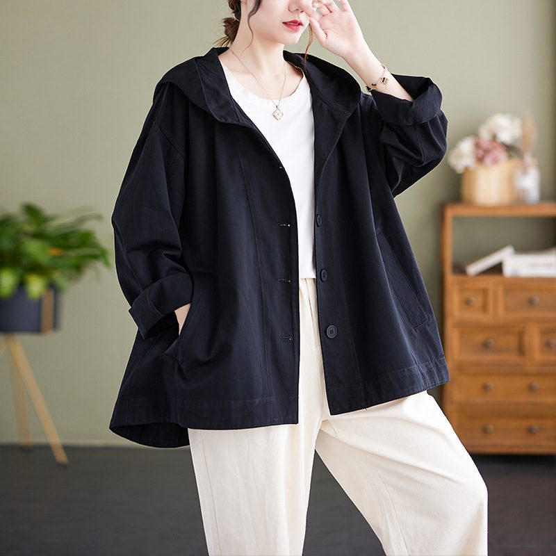 Hooded Loose Coat Women Retro Khaki Casual Cotton Artistic Stitching Women – Black