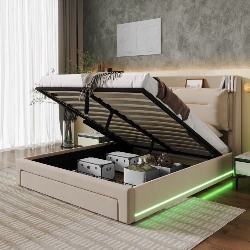 Upholstered Bed, 150x200 5ft King Size Bed, Hydraulic Bed, 2-in-1 Storage Drawers At The End Of The Bed, Recessed LED Light Strips On Both Sides Of The Bed, Slatted Frame, Velvet,Dark Gray – view 7