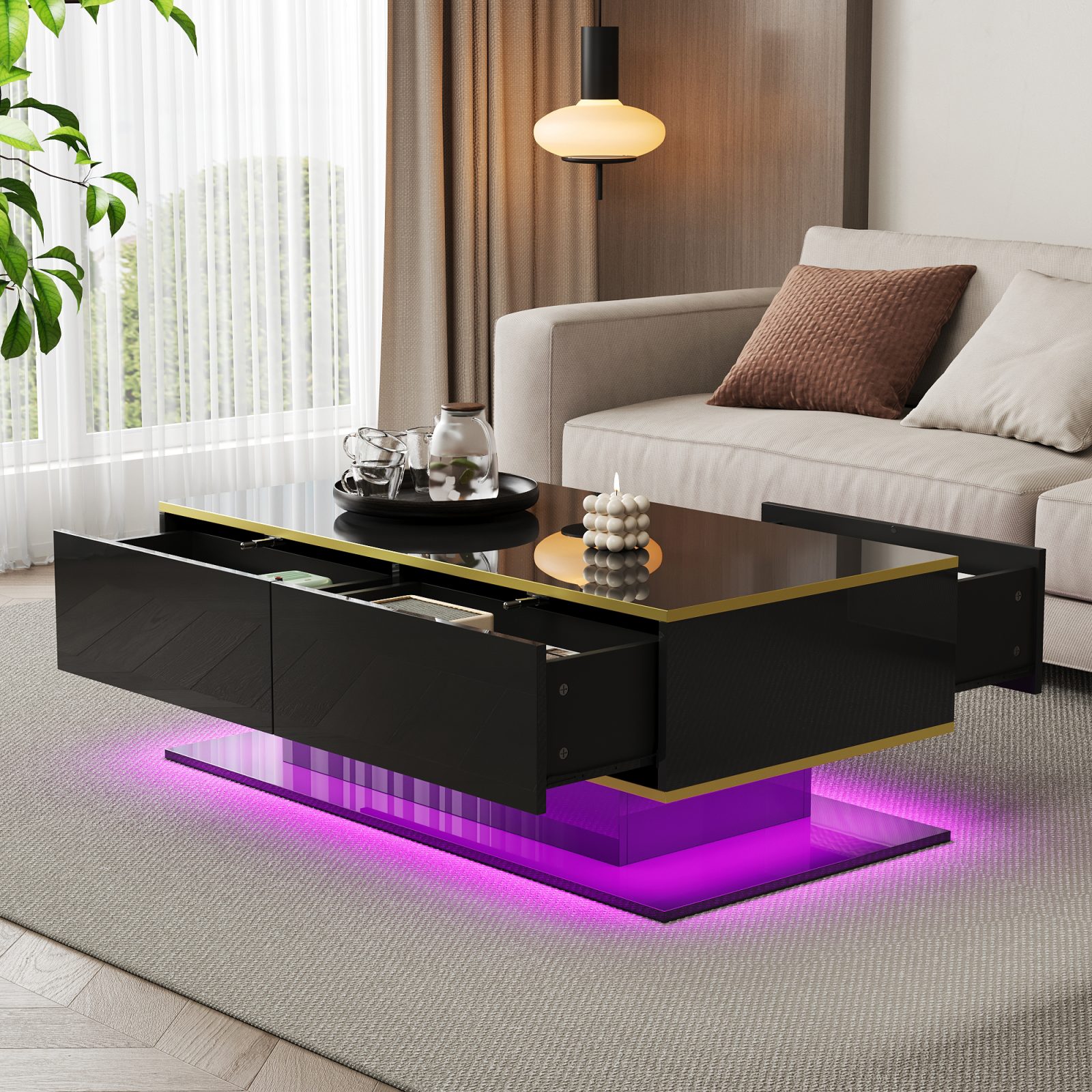 Modern LED Coffee Table With High-Gloss Finish, 100 Cm Length, Gold Accents, 3 Drawers & USB LED Light Strip Adapter-Power Bank Required – view 3