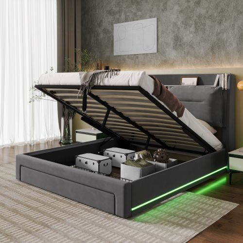 Upholstered Bed, 150x200 5ft King Size Bed, Hydraulic Bed, 2-in-1 Storage Drawers At The End Of The Bed, Recessed LED Light Strips On Both Sides Of The Bed, Slatted Frame, Velvet,Dark Gray – view 13