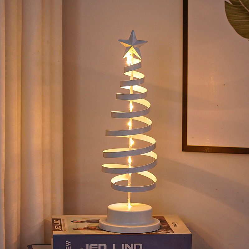 LED Christmas Tree Spiral Light Table Ornament Wrought Iron Xmas Tree Bedroom Desk Lamp Christmas Atmosphere Night Light Decor – Spiral White