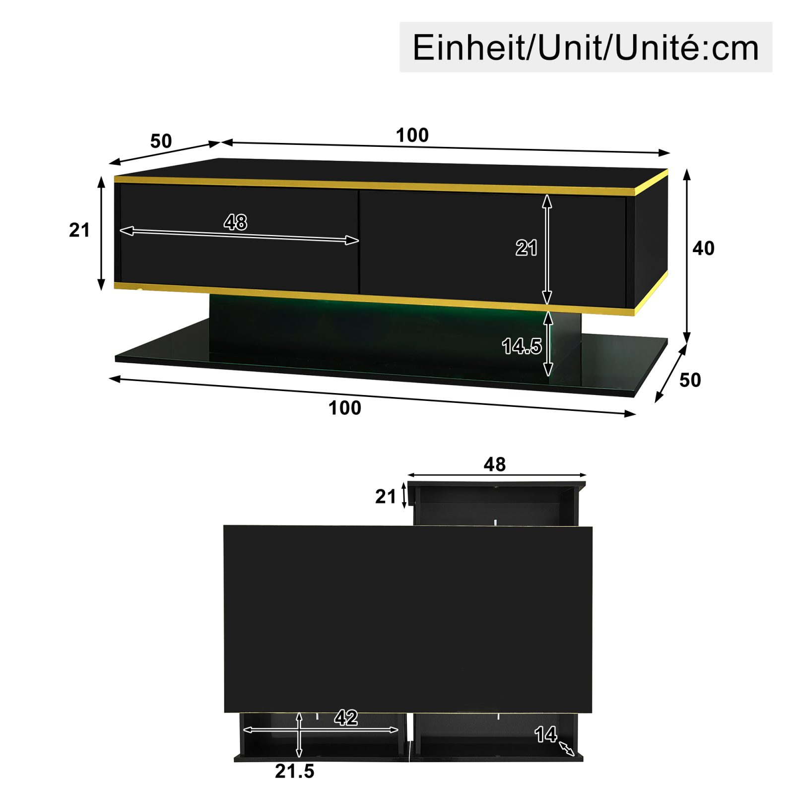 Modern LED Coffee Table With High-Gloss Finish, 100 Cm Length, Gold Accents, 3 Drawers & USB LED Light Strip Adapter-Power Bank Required – view 4