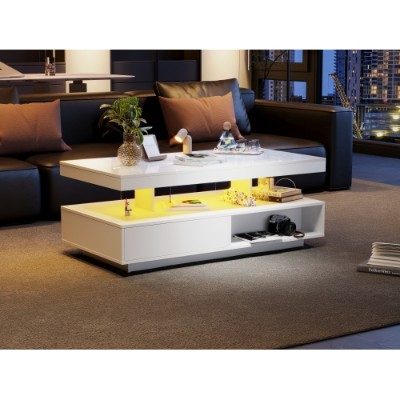 Led Coffee Table With 2 Drawer Storage, High Gloss Coffee Table For Living Room Open Storage Space Centre Table With 16-Color Led Lights,End Table For Home Office Furniture, White – view 4