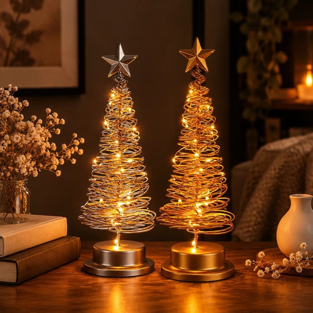 LED Christmas Tree Spiral Light Table Ornament Wrought Iron Xmas Tree Bedroom Desk Lamp Christmas Atmosphere Night Light Decor – 2PCS Set