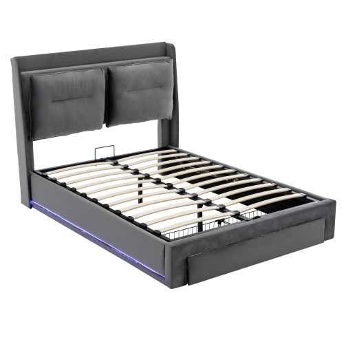 Upholstered Bed, 150x200 5ft King Size Bed, Hydraulic Bed, 2-in-1 Storage Drawers At The End Of The Bed, Recessed LED Light Strips On Both Sides Of The Bed, Slatted Frame, Velvet,Dark Gray – Black