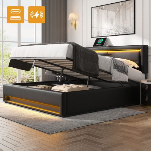 Upholstered Bed 135 X 190 Cm,Double Bed-4ft6,with USB Port Supports Wireless And Wired Charging, With LED Lighting And Storage Space, Without Mattress, PU-Lychee Design, Black – view 7