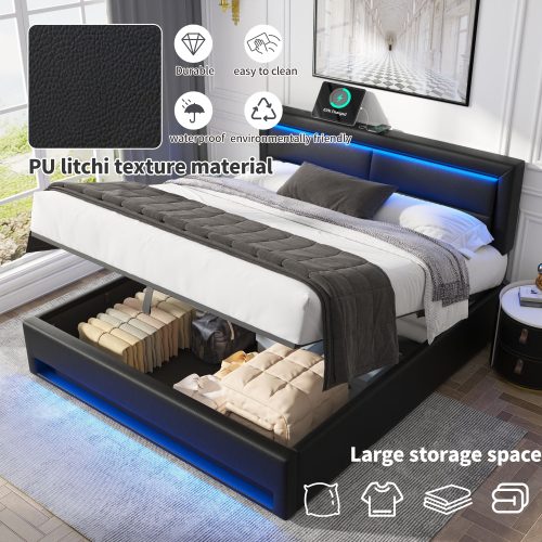Upholstered Bed 135 X 190 Cm,Double Bed-4ft6,with USB Port Supports Wireless And Wired Charging, With LED Lighting And Storage Space, Without Mattress, PU-Lychee Design, Black – view 2