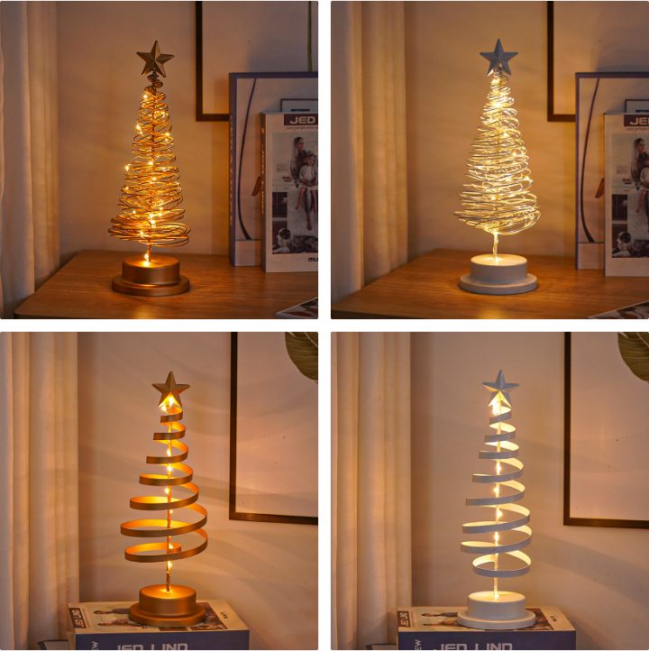 LED Christmas Tree Spiral Light Table Ornament Wrought Iron Xmas Tree Bedroom Desk Lamp Christmas Atmosphere Night Light Decor