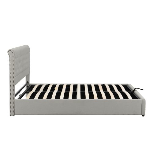 Upholstered Bed,Double Bed-4ft6 135x190cm,with Hydraulic Lever, Functional Storage Bed, Rivet Decoration, Without Mattress, Linen, Light Grey – view 2