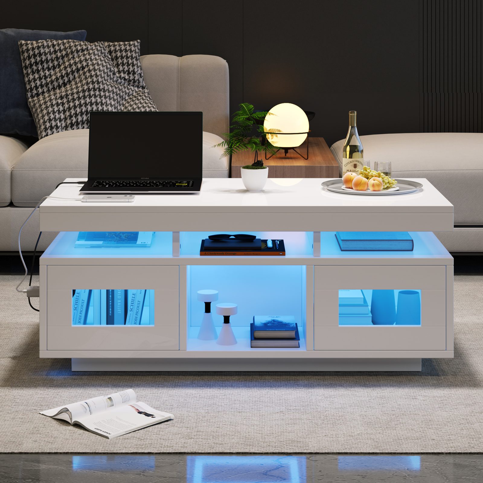 High Gloss Coffee Table With LED Lights, USB Ports-Sockets, Centre Table With 2 Doors, Sofa Side Table, Space-saving End Table, Tea Table, 100x50x43cm, White, Particleboard – view 4