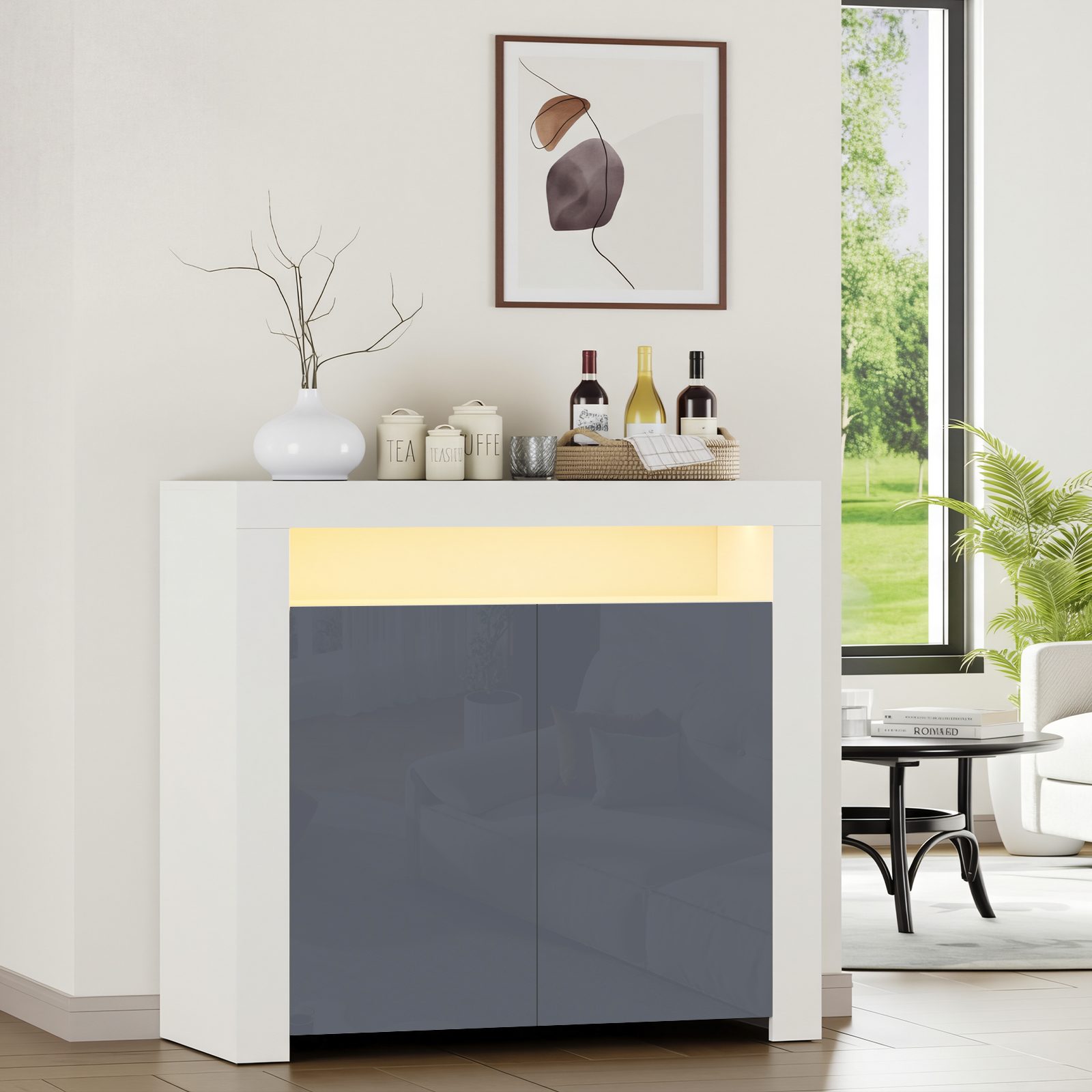 High Gloss Sideboard Cabinet 2 Doors Cupboard Storage Sideboard With LED Lights Matt Body Display Cabinet Shelves Unit For Living Room Dining Room,12 Colors LED Light-White Sideboard Gray Door – view 12