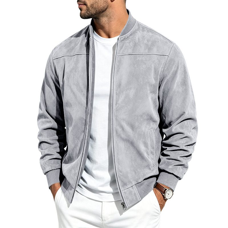 Suede Long Sleeve Zip Up Jacket Men's Casual Outerwear With Full Zip Closure – Light Gray