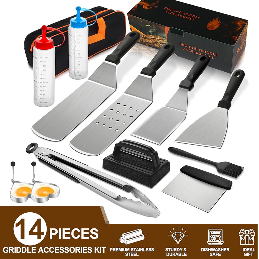 14 Pcs Professional Stainless Steel Griddle Grill Tools Set BBQ Accessories UK – A