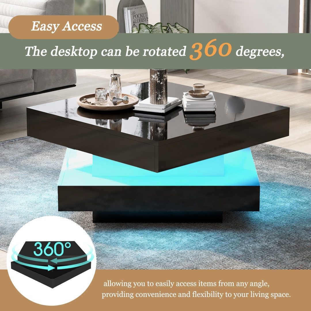 White Square High Gloss Coffee Table With 360 Rotating Top, Tea Table With 16-Color LED Light, 70x70x36 Cm – view 7