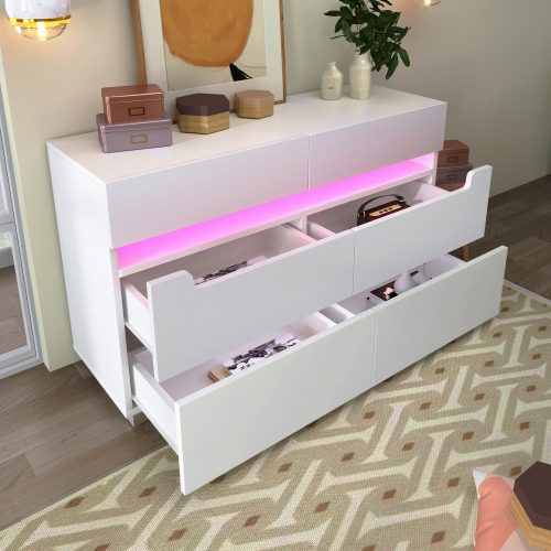 Sideboard Cabinet Dresser With 6 Drawers,Storage With RGB LED App Control, Sideboard With Cut-out Handles, 6-drawers Chest Of Drawers, 71 X 120 X 40 Cm, White – view 6
