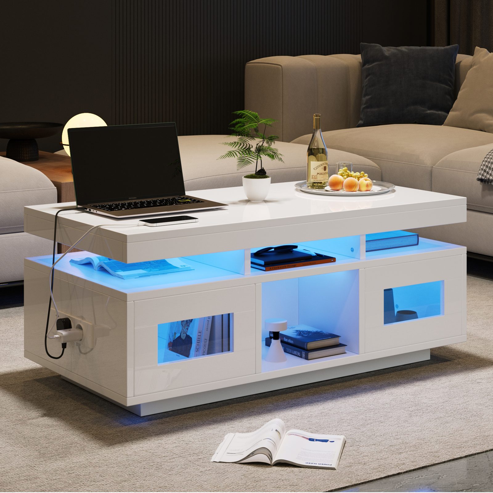 High Gloss Coffee Table With LED Lights, USB Ports-Sockets, Centre Table With 2 Doors, Sofa Side Table, Space-saving End Table, Tea Table, 100x50x43cm, White, Particleboard – view 5