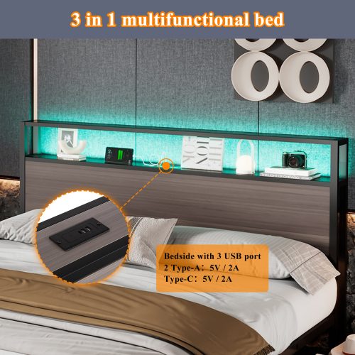 Metal Bed, 3FT Single Bed 90x190cm, With LED Light Strip And 4 Drawerss, 2 USB Port 1 Type C, Durable And Sturdy, Youth Bed, For Adults Teenagers, Multifunctional Bed, Wrought Iron Bed, Grey – view 3