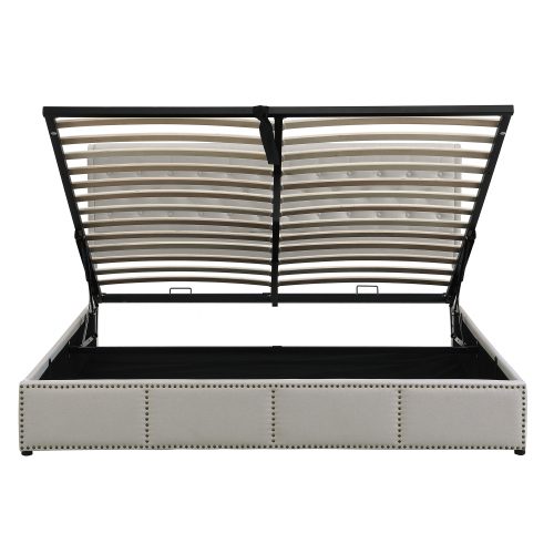 Upholstered Bed,Double Bed-4ft6 135x190cm,with Hydraulic Lever, Functional Storage Bed, Rivet Decoration, Without Mattress, Linen, Light Grey – view 4