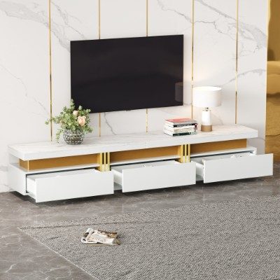 Luxury TV Stand With Faux Marble Top, TV Cabinet Golden Panel Design, And 3 Drawers For Televisions Up To 89'', Rectangle Media Console, Practical Entertainment Center For Living Room, White – view 4
